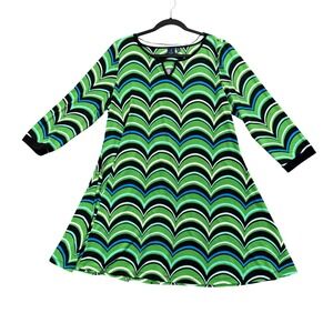Kaari Blue Womens Green Geometric Swing Dress Keyhole Neck Y2K Mod XL